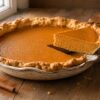Tarta de calabaza americana casera con el relleno cremoso de calabaza y especias y el borde de masa dorado, una porción cortada