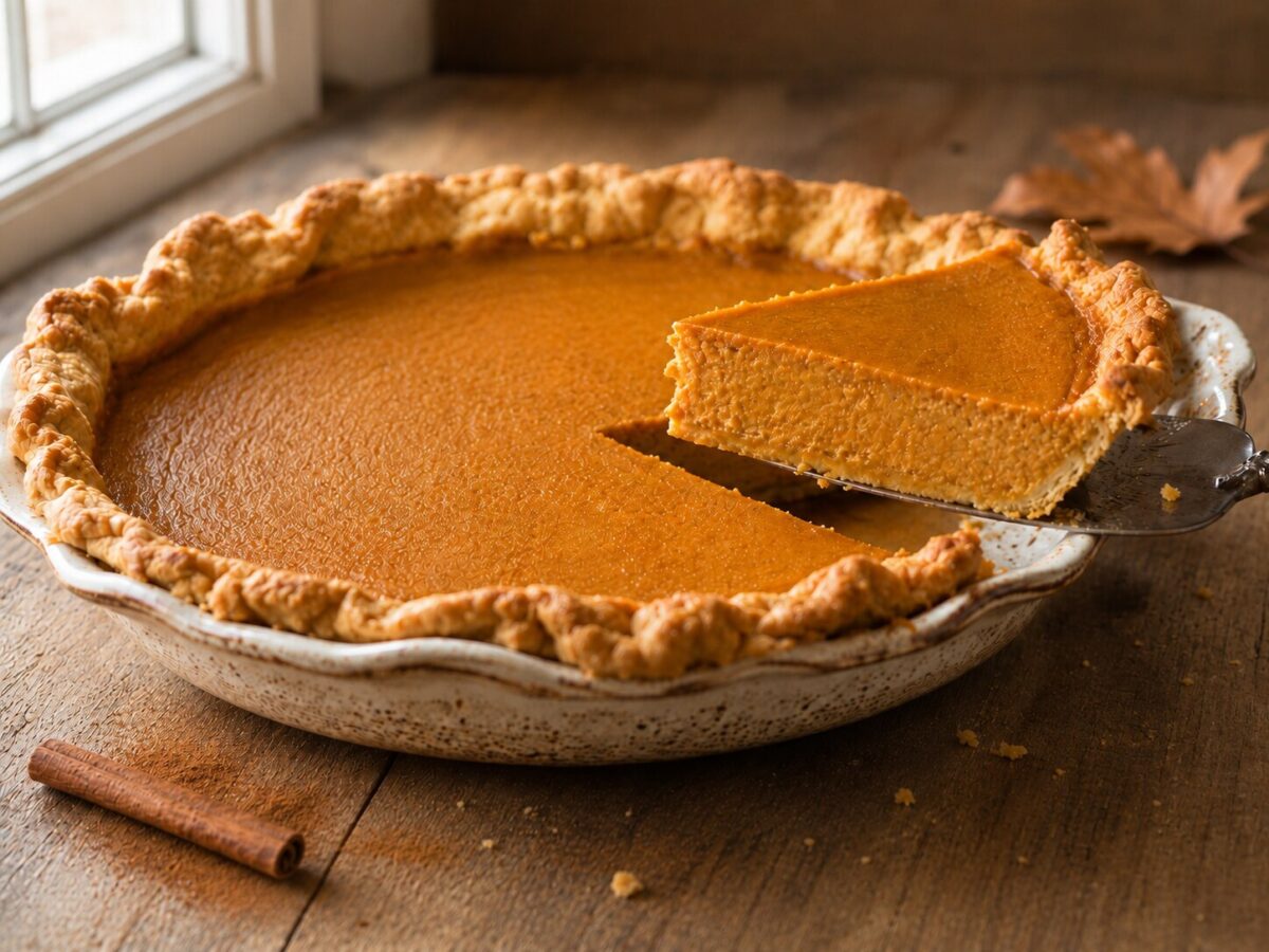 Tarta de calabaza americana casera con una porción cortada, relleno cremoso y masa dorada
