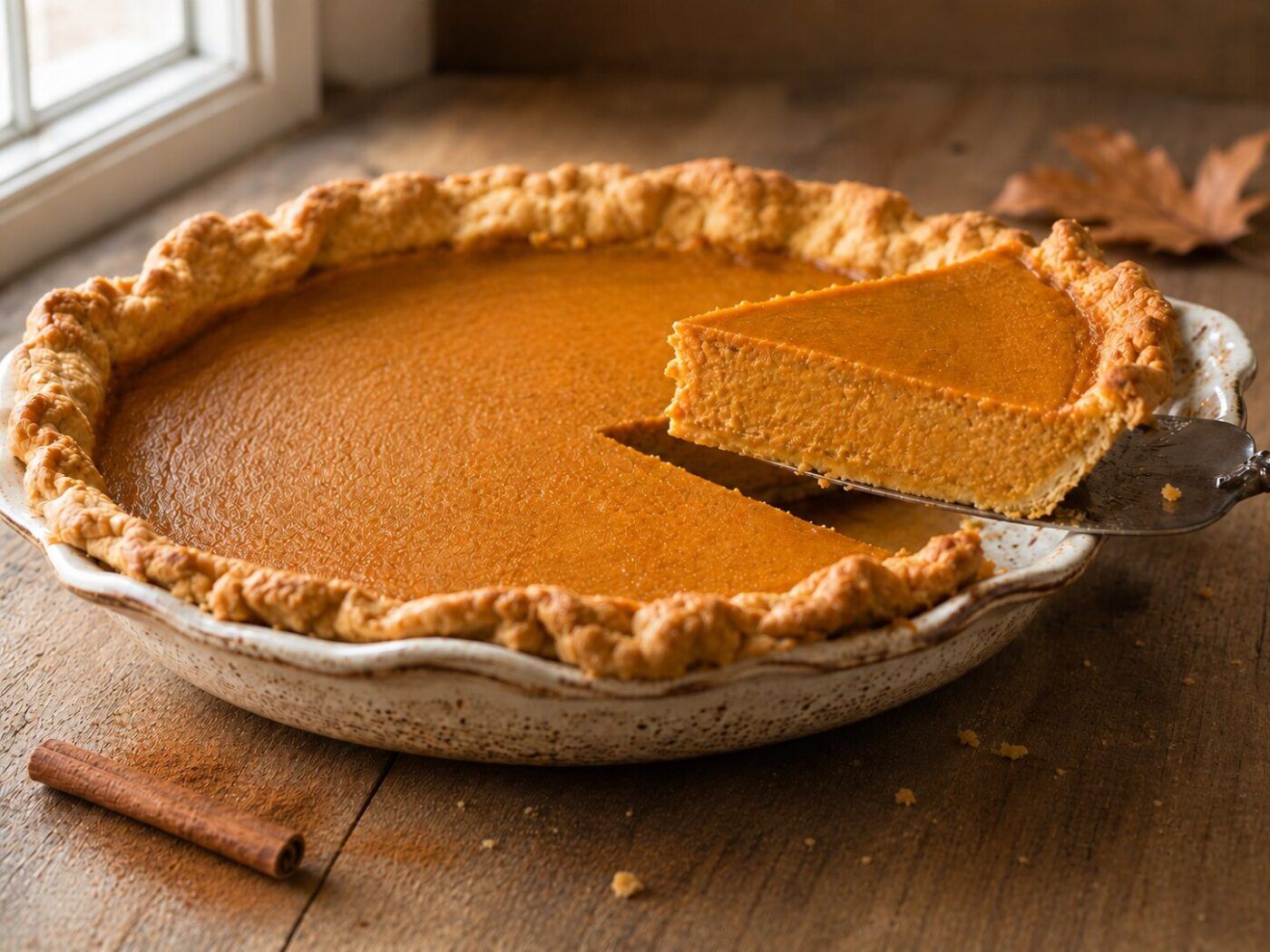 Tarta de calabaza americana casera con el relleno cremoso de calabaza y especias y el borde de masa dorado, una porción cortada