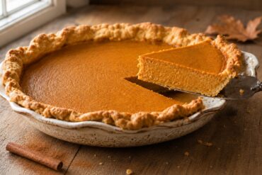 Tarta de calabaza americana casera con el relleno cremoso de calabaza y especias y el borde de masa dorado, una porción cortada