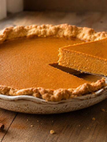 Tarta de calabaza americana casera con el relleno cremoso de calabaza y especias y el borde de masa dorado, una porción cortada