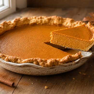 Tarta de calabaza americana casera con el relleno cremoso de calabaza y especias y el borde de masa dorado, una porción cortada