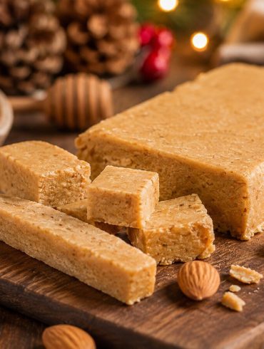 Turrón casero de Jijona en trozos sobre tabla de madera