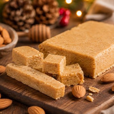 Turrón casero de Jijona en trozos sobre tabla de madera